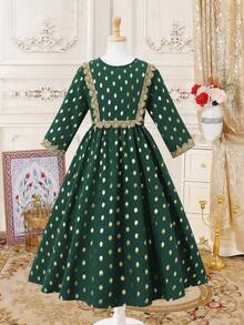 SHEIN Elegant Green Polka Dot Long Dress For Tween Girls,Autumn Wedding Guest,Metallic Gold Dots,Lace Trim,3/4 Sleeve,Middle Eastern Gatherings,Soft Fabric - Green - View 3