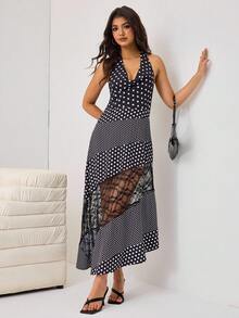 Aidyla 女士休闲街头风深V领波点撞色蕾丝中长连衣裙 - 黑與白 - 查看 5