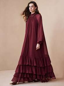 Arave Women's Elegant Loose Fit Chiffon Layered Ruffle Collar Dress New Year - Burgundy - View 4
