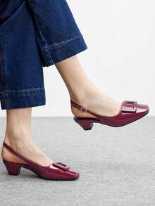 CUCCOO BIZCHIC Burgundy Square Toe Backless Mid-Heel Buckle Strap Women Shoes, Chunky Heel - Burgundy - View 5