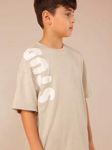 SUMWON Boys Oversized Crew Neck Short Sleeve Graphic Tee With White Letter Print Front And Back Design Cotton Casual Vacation - White - View 4