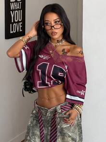 Coolane Áo thun thể thao nữ mùa hè cơ bản họa tiết số Y2K, cổ chữ V, phối ren tương phản, chất liệu jersey, dáng rộng. - Màu Đỏ Sâu - Xem 5