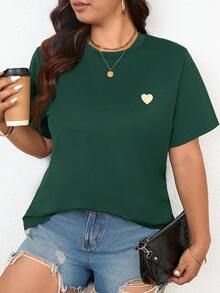 SHEIN Frenchy Plus Size Casual Heart Embroidered Round Neck Short Sleeve T-Shirt, Summer Tops - Green - View 3