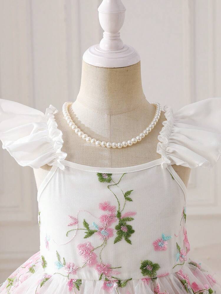 SHEIN Glamorique Kids Girls Elegant Spaghetti Strap Ruffle Flutter Sleeve Embroidered Mesh Floral Decor Waist A-Line Princess Dress, Suitable For Holiday Party, Birthday Gift, Vacation, Summer - White - View 4