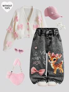 SHEIN Baby GirlCute Cartoon Deer Pattern Blue Denim Loose Pants - Light Grey - View 2