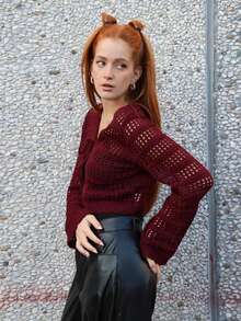 SILVIA DI SANTO 1 Stück Damen lässige einfarbige Strickjacke mit Hohlmuster, geeignet für den Urlaub, Langarm Oberteil - Bordeaux - Übersicht 5