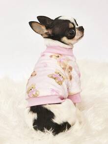 PETSIN 1件印花泰迪熊蝴蝶结法兰绒卫衣，宠物秋冬加厚保暖粉色款 - 粉色 - 查看 9