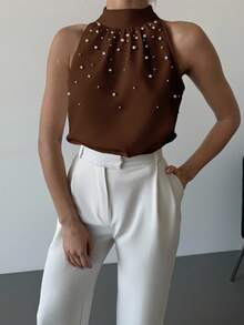 Firerie Elegant Sleeveless Collared Pearl Decor Fitted Blouse, Minimalist Style For Work, Spring/Summer - Coffee Brown - View 6