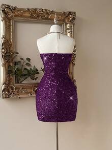 Lovelzi 优雅浪漫的时尚紫色亮片缎面拼接无肩带连衣裙，适合音乐节、生日派对、婚礼、下午茶聚会、鸡尾酒会等场合。 - 紫色 - 查看 5