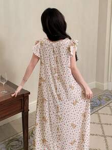 DAZY 花卉泰迪熊印花荷叶边宽松女士睡裙 - 白色 - 查看 2