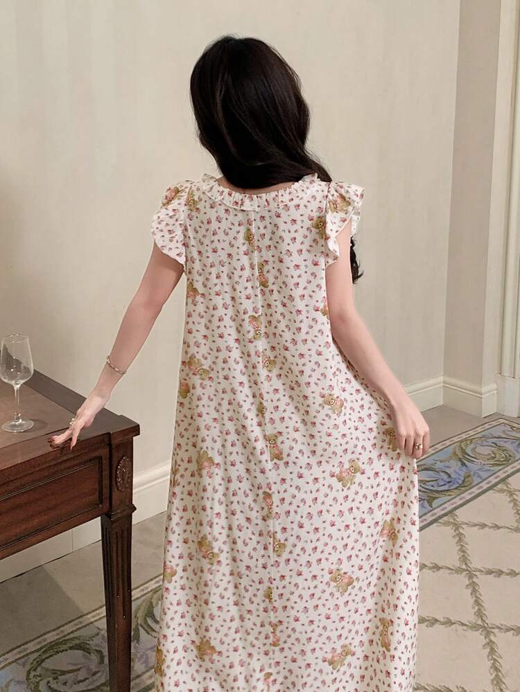 Floral & Teddy Bear Print Ruffle Hem Loose Women Nightgown