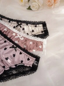 PetitDoll 3 buc/pachet chiloți confortabili din bumbac pentru femei, cu imprimeu de inimă, din dantelă, model patchwork - Multicolor - Vizualizare 4