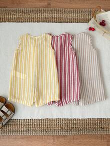 SHEIN 3pcs/Set Newborn Unisex Baby Casual Striped Sleeveless Romper, Summer Basic Bodysuit Set - Multicolor - View 3