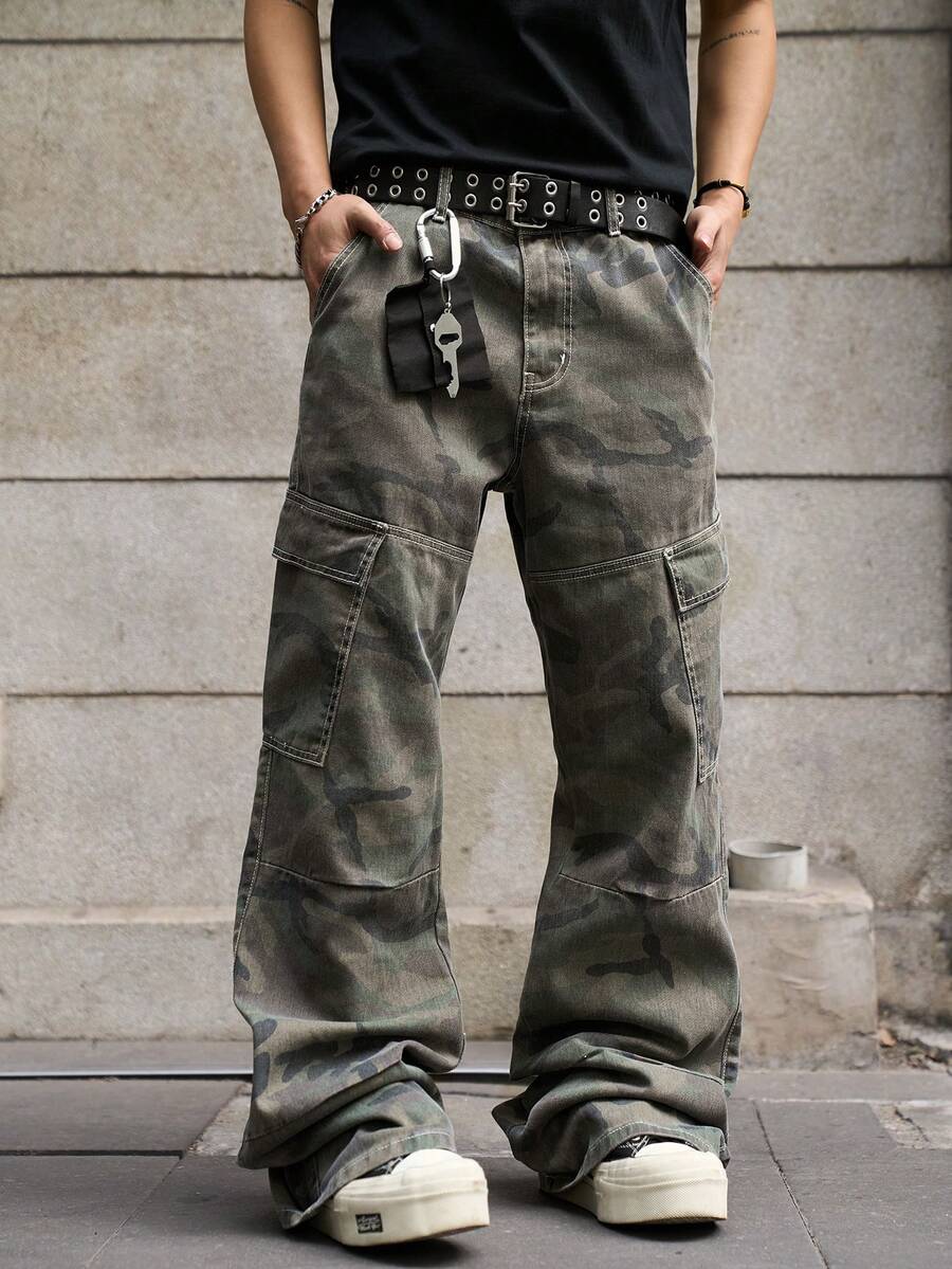 Manfinity EMRG Men's Denim Camouflage Wide Leg Pants - Light Wash - View 1