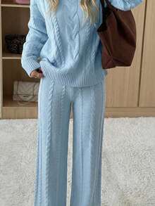 CovetEZ 女士休闲蓝色圆领长袖毛衣上衣和裤子两件套，春季 - 藍色 - 查看 5