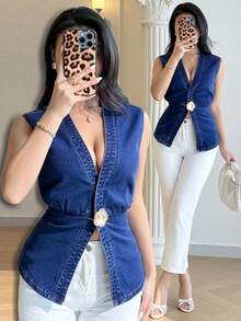 Modelyn Áo vest denim nữ cổ chữ V sâu, họa tiết hoa, cài một nút, thời trang, đa năng, thích hợp cho du lịch. - Rửa trung bình - Xem 1