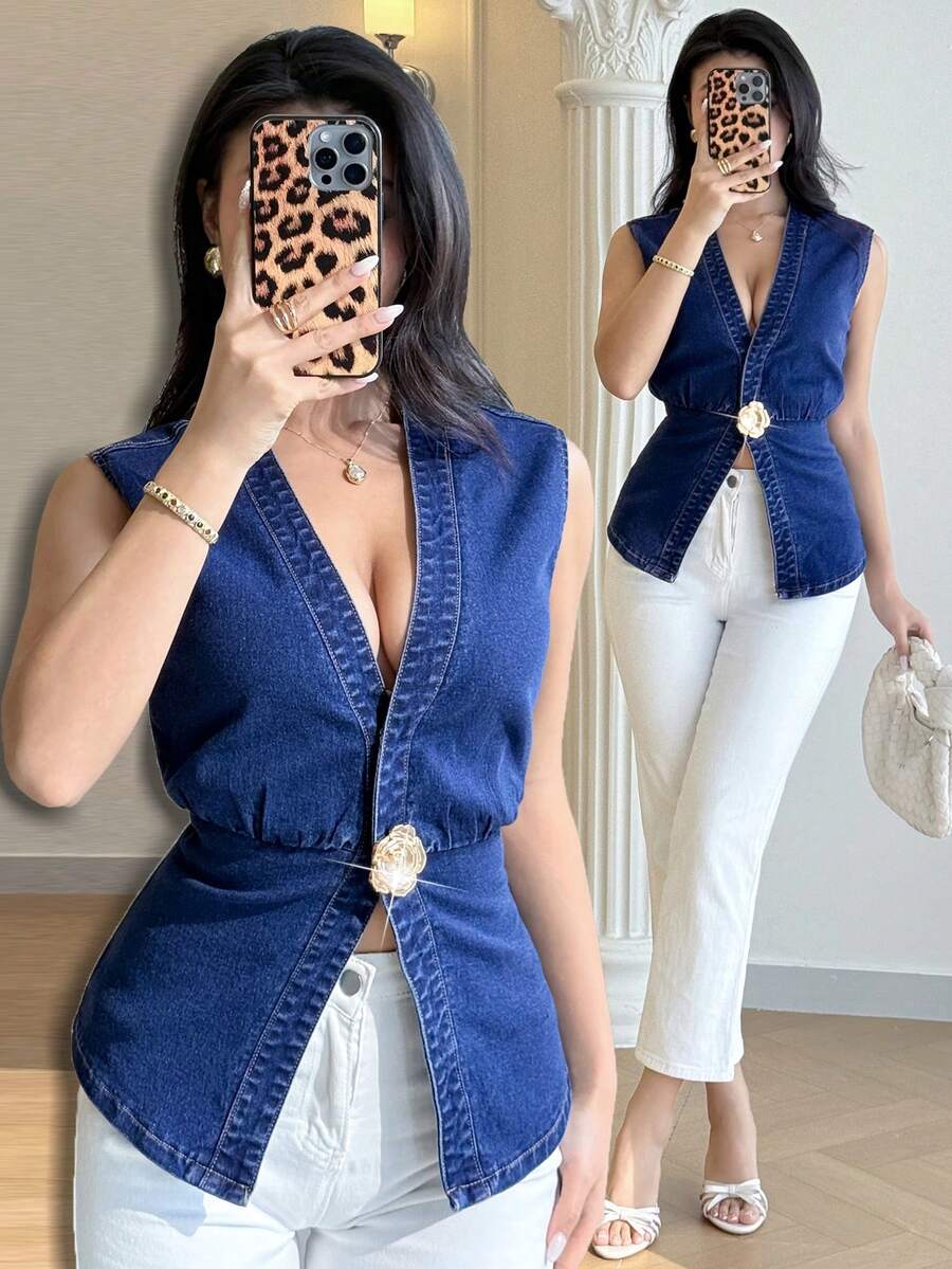 Modelyn Áo vest denim nữ cổ chữ V sâu, họa tiết hoa, cài một nút, thời trang, đa năng, thích hợp cho du lịch. - Rửa trung bình - Xem 1