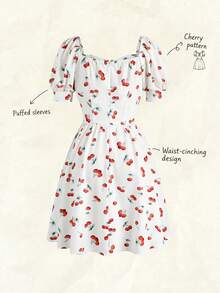 Olithes 女士樱桃印花甜心领短泡泡袖时尚连衣裙 - 杏色 - 查看 2