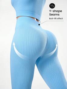 Seamluxe SHEIN Sport Bộ đồ thể thao nữ màu trơn cổ tròn gồm áo tank top và quần legging ngắn tay. - Màu xanh nhạt - Xem 4