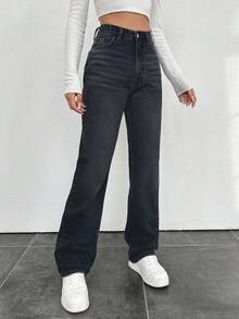 EURMUSE Jeans rectos de algodón 100% para mujer con bolsillos - Gris Oscuro - Ver 4