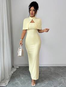 Elenzga Rhinestone Embellished Strapless Waist Cinched Bodycon Elegant Romantic Party Dress For Women - Light Yellow - View 5