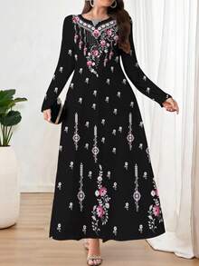 Al Najma Plus Size Elegant V-Neck Long Sleeve Floral Print Knit Dress, Suitable For Layering, Work, Date, Vacation, Casual, Party, Holiday, Autumn/Winter Women Long Dress, Flowing Maxi Dress, Floral Maxi Dress/Vintage Dress, Botanical Print Dress, Black Dress - Black - View 5