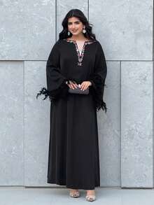 Al Najma 女士优雅水钻装饰阿拉伯风格连衣裙 - 黑色 - 查看 3