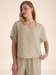 Parysyn Plus Size Breathable Women's Summer Outfit Loose Fit Square Neck Top And Wide Leg Trousers Two Piece Set Linen Pants Set 2 Piece Linen Sets Woman Linen Outfit Summer Pants Sets Comfortable Two Piece Set - Apricot - View 1