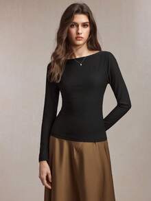 BizChic 2026 Spring New Black Backless Bow Hollow Design Off-Shoulder Fashionable Minimalist Daily Wear, Layerable, Versatile Women T-Shirt Knit Top, Chic, Elegant For Party, Urban Commute, Workplace