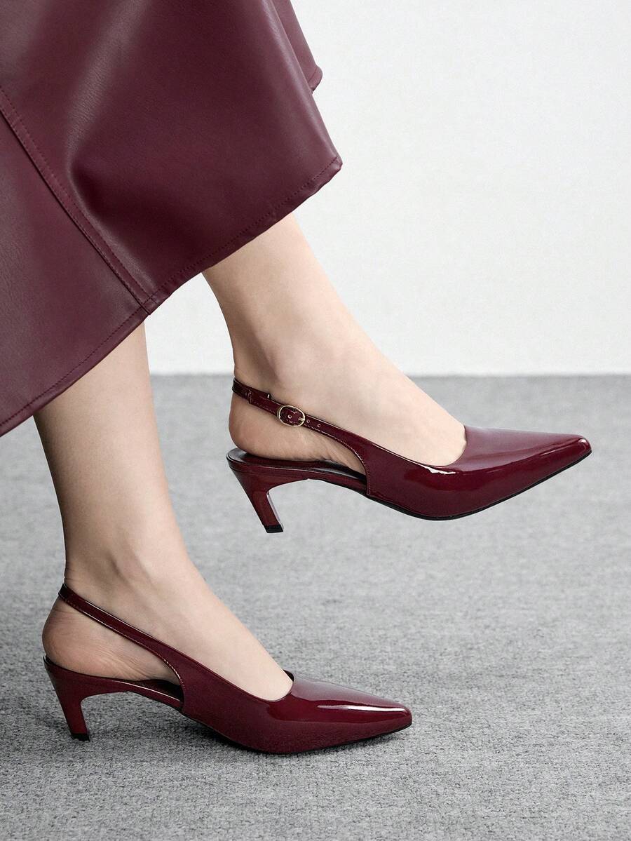 CUCCOO BIZCHIC Women's Pointed Toe Mid Heel Burgundy Backless Pumps, Minimalist Commuter Daily Versatile Office Shoes, Spring/Autumn Valentine's Day - Burgundy - View 1