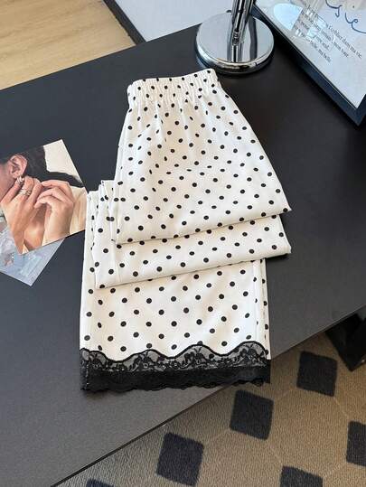 GlowEve Pantalones rectos sueltos con cintura elástica, estampado de lunares y parches de encaje, adecuados para uso diario. Pantalones de lunares, pantalones con ribete de encaje, pantalones blanco y negro, pantalones de lunares blanco y negro para mujer