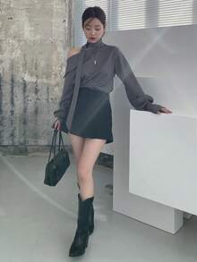 DAZY Solid Asymmetrical Neck Drop Shoulder Blouse With Tie,Long Sleeve Tops - Grey - View 4