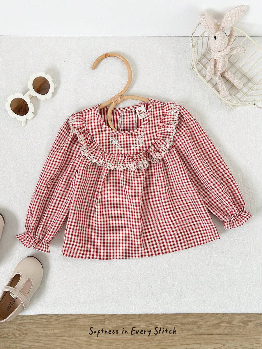 Cozy Pixies 女婴格子圆领荷叶边休闲日常长袖上衣 - 白色 - 查看 1