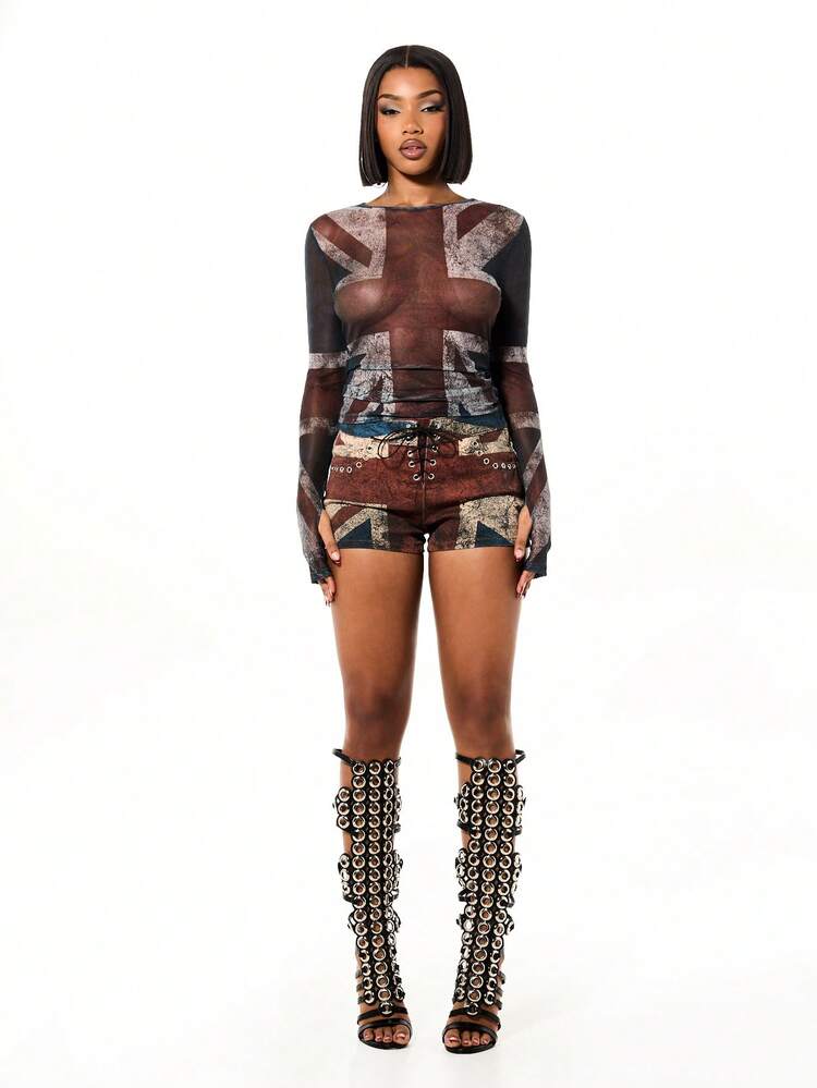 SUMWON WOMEN UK Flag Print Long Sleeve Mesh Crop Top