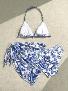 SHEIN 少女三件套蓝色碎花比基尼套装，细肩带，适合海滩度假游泳，春夏款 - 藍色 - 查看 2