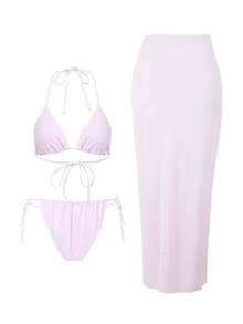 Swim Oasis 女士粉紫色吊带露背性感沙滩兰花印花三件套泳衣带罩衫 - 粉色 - 查看 8