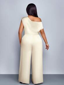 SOLERSUN Quần áo nữ bốn mùa cỡ lớn thời trang đi làm màu trơn thanh lịch ngày du lịch rộng rãi giản dị đơn giản màu mơ vải satin hở vai cổ áo bất đối xứng xếp ly vai tay ngắn quần ống rộng, quần dài lụa băng cho kỳ nghỉ xuân hè - Màu be - Xem 3