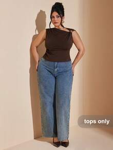 SHEIN BAE Áo không tay dáng suông cổ lệch với điểm nhấn kim loại. - Cà phê nâu - Xem 4