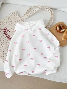 SHEIN EZwear 大码休闲简约粉色蝴蝶结印花白色女式卫衣，适合秋季、返校季、秋装穿着，可爱卫衣，女童卫衣，蝴蝶结卫衣，粉色蝴蝶结卫衣，白色粉色蝴蝶结卫衣，冬季 - 彩色 - 查看 1