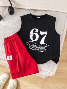 SHEIN 2pcs/Set Young Boys Casual Korean Style Contrast Color Print Tank Top And Cargo Shorts Set,Comfortable Fashion Versatile Kids Summer Outfits,School - Black - View 5