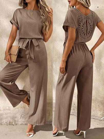 SHEIN Clasi Plus Size Women's Solid Color Batwing Collar Loose Jumpsuit Summer Summer Outfits  Summer Holiday Outfits Spring Spring Clothing Spring Break Outfits Spring Outfit Valentine's Day Valentine Outfits For Women  Weddings & Events Going Out Outfits Brown Jumpsuit Women Comfortable Jumpsuit Brown Romper Women Casual Jumpsuit Lace Back Romper