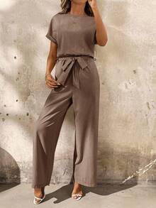 SHEIN Clasi 大码女式纯色蝙蝠领宽松连体裤 - 棕色 - 查看 8