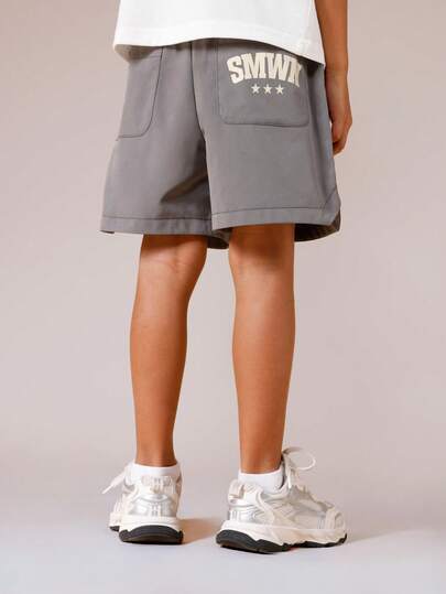 SUMWON Boys Nylon Shorts With Split Hem Relaxed Fit Elastic Waistband Casual Summer Shorts With Side Pockets Text Design