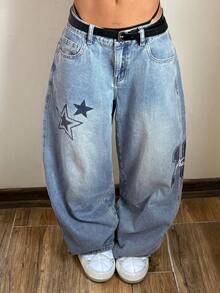 StreetHx 女士时尚休闲街头风星形印花阔腿牛仔裤 - 淺色水洗藍 - 查看 2