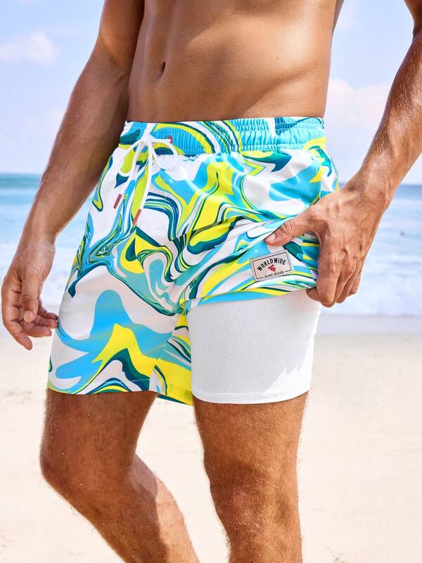 Manfinity KASUA Shorts de baño para hombre con diseño de mármol y cintura ajustable con cordón