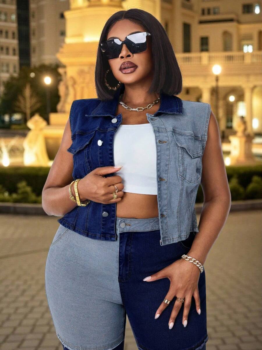SHEIN SXY Plus Size Women Sleeveless Patchwork Denim Jacket - Dark Wash - View 1