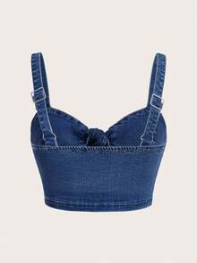 SHEIN SXY Áo hai dây denim ôm sát người dành cho nữ cỡ lớn với dây thun co giãn thắt nơ, thích hợp cho mùa hè. - Rửa tối - Xem 2