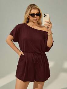 SHEIN Essnce 大码女式连体裤，夏季服装，短裤，露肩可爱款，夏季女装，派对服装，夏季女装度假服装，女士休闲连体裤 - 玫瑰紅 - 查看 3