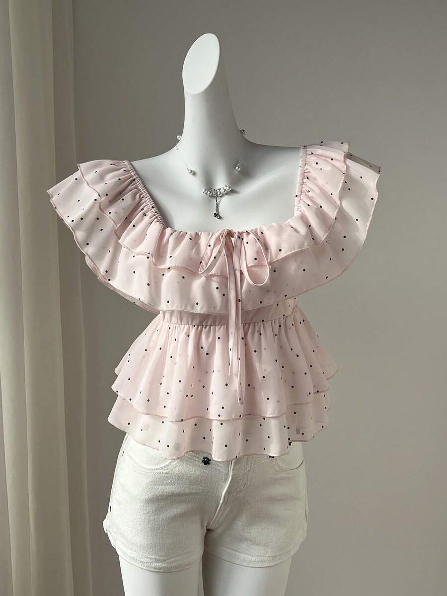 Elamini Women's Chiffon Polka Dot Cap Sleeve Off Shoulder Ruffle Hem Romantic Vacation Blouse - Multicolor - View 1