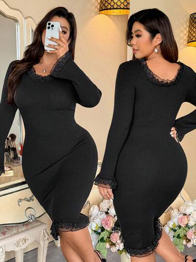 Vionelle Plus Size Elegant Crew Neck Knit Long Sleeve Dress, Lace Trim Slim Fit Bodycon Midi Dress For Autumn/Winter